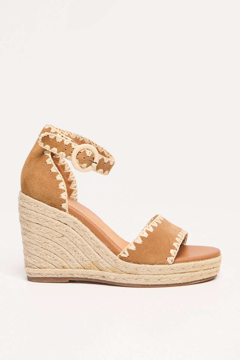 Helies Leather And Raffia Wedge Sandals - Camel
