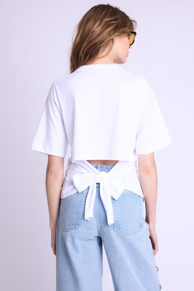 Berenice - Short Sleeve Round Neck T-Shirt With Back Tie - White