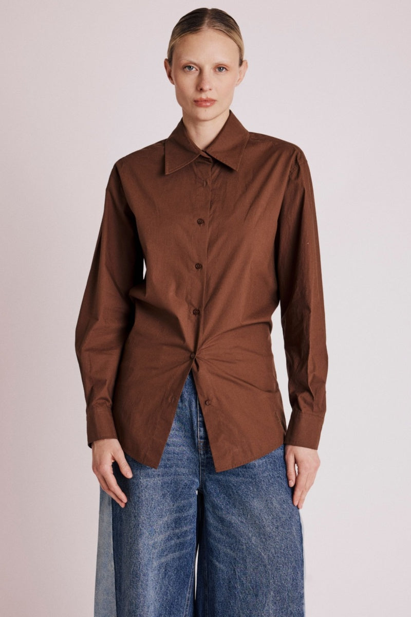 Plain Belted Shirt - Brown
