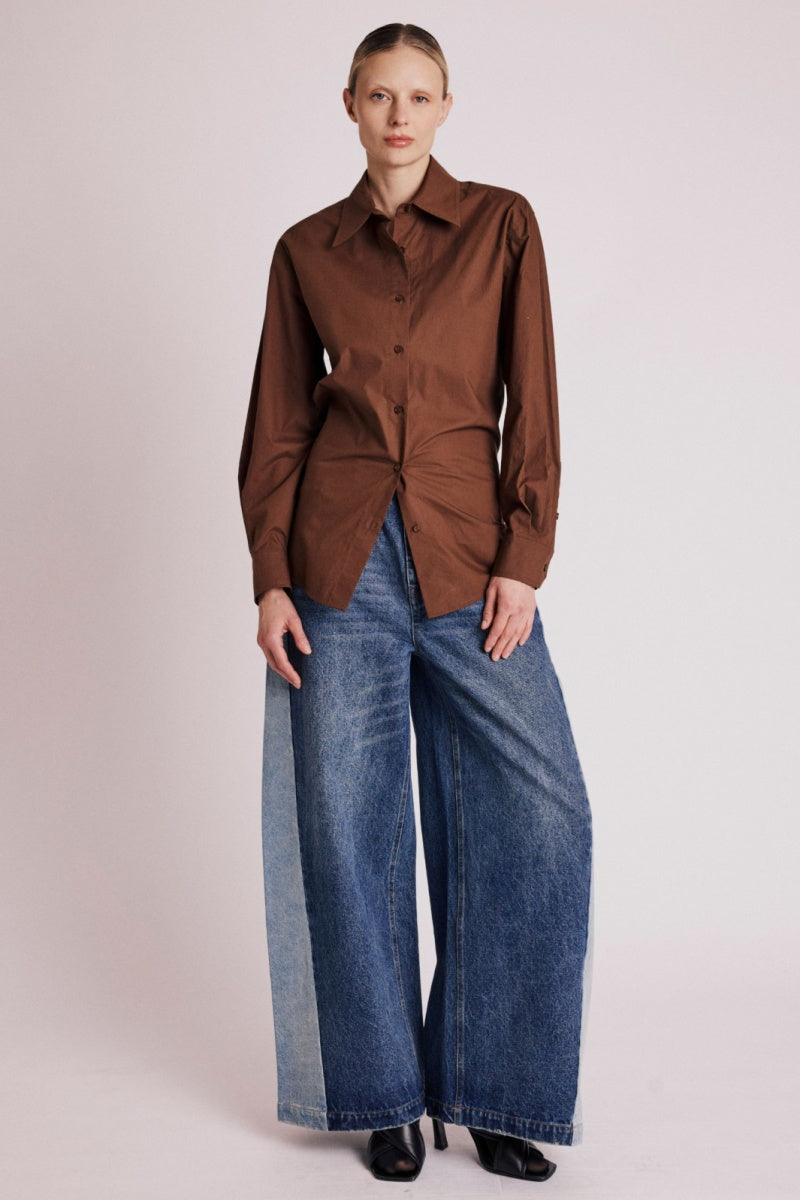 Plain Belted Shirt - Brown