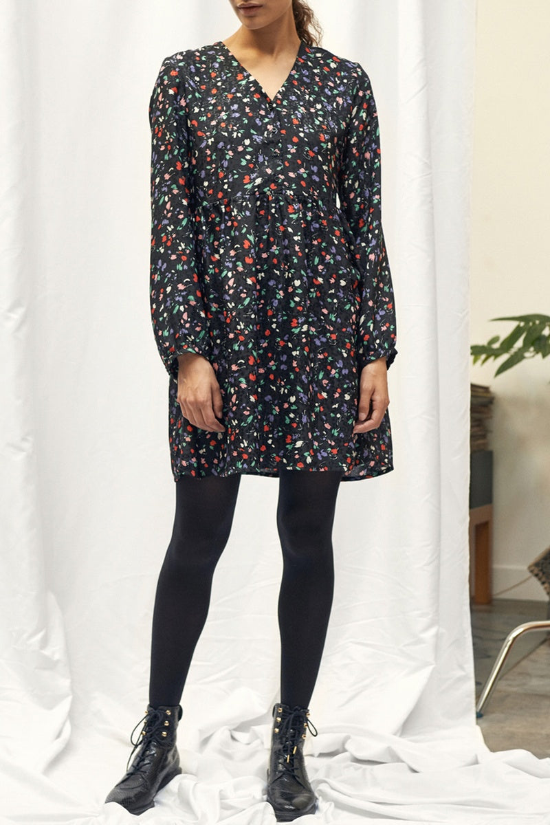 Robe Droite Fleurie - Noir
