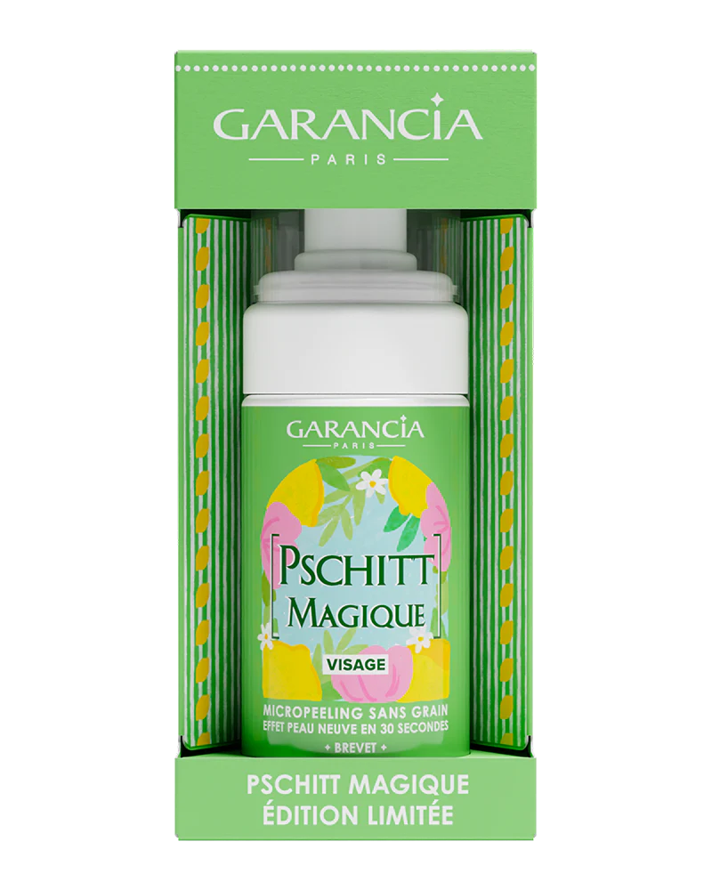 Garancia Pschitt Magique grain-free micropeeling in limited edition, presented in its green box illustrated with lemons and flowers for a new skin effect in 30 seconds.