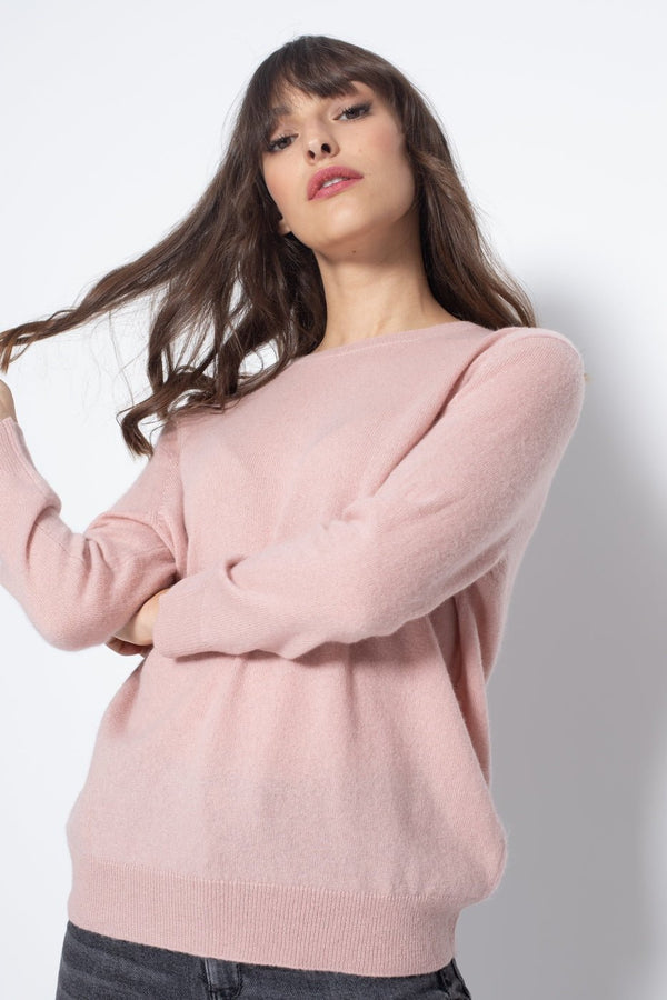 Round Neck Sweater With Button On The Back 0 Old Pink, Jersey, 100% Cashmere, 2 Yarns - Women