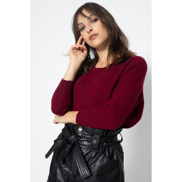 Round Neck Sweater With Buttons In The Back Estaris Burgundy, Jersey, 100% Cashmere, 2 Yarns - Women