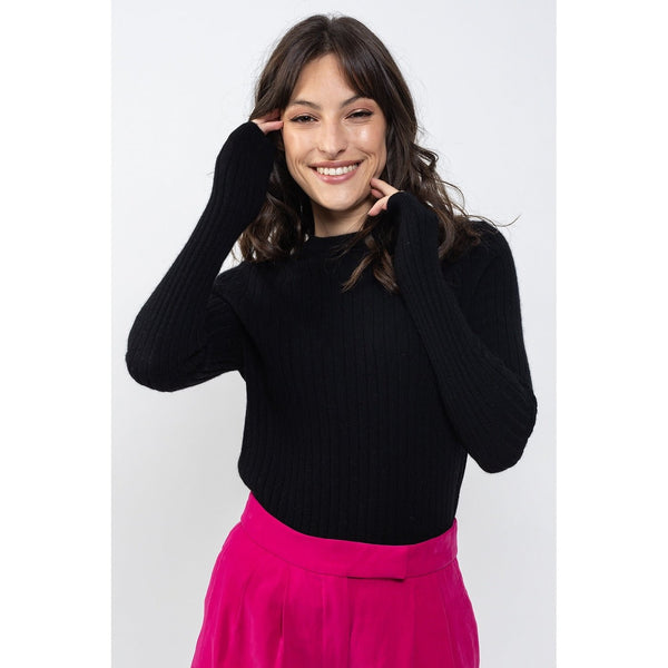 Bella Black Round Neck Sweater, Traditional Ribbing, 100% Cashmere, 2 Yarns - Women