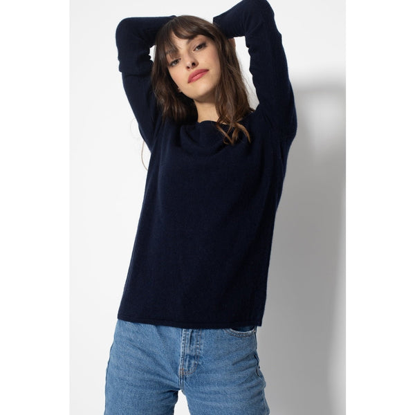 Ecrin Navy Round Neck Sweater, Jersey, 100% Cashmere, 2 Yarns - Women