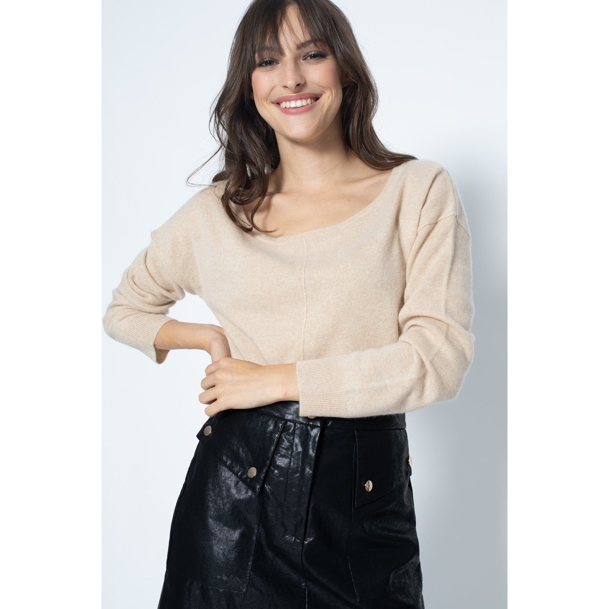 Pull Col Rond Oversize Faraut Beige, Jersey, 100% Cachemire, 2 Fils - Femme