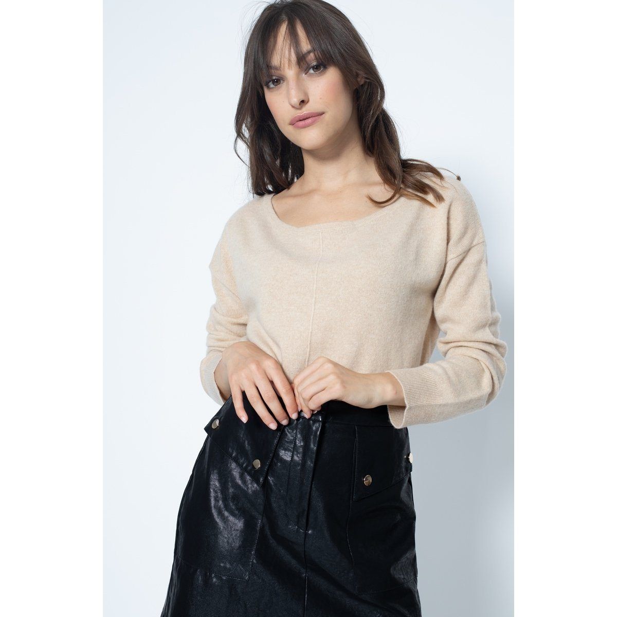 Pull Col Rond Oversize Faraut Beige, Jersey, 100% Cachemire, 2 Fils - Femme