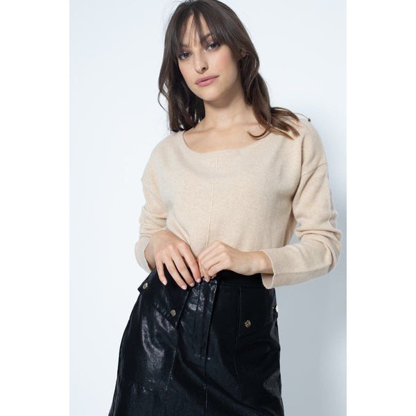 Faraut Beige Oversized Round Neck Sweater, Jersey, 100% Cashmere, 2 Yarns - Women
