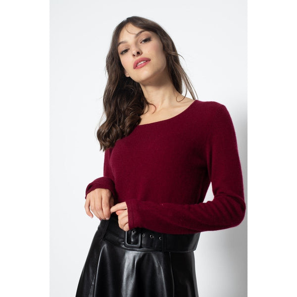 Epéna Burgundy Slim Round Neck Sweater, Jersey, 100% Cashmere, 2 Yarns - Women
