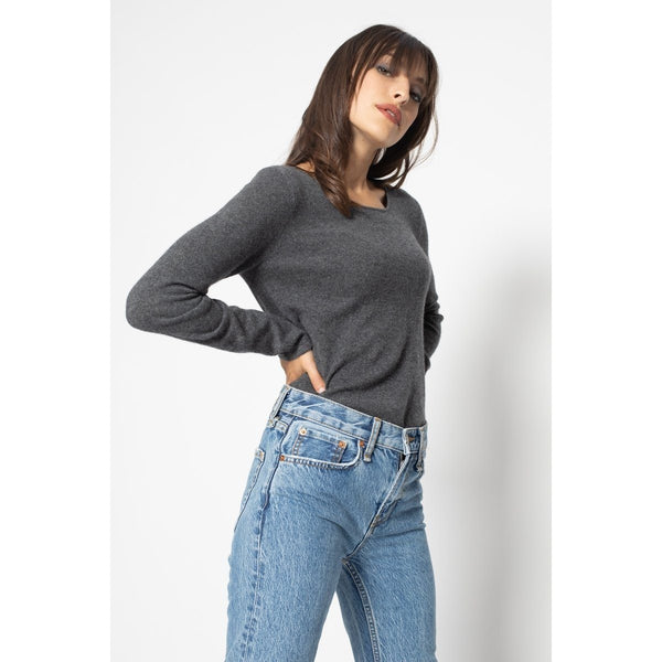 Dark Gray Epéna Slim Round Neck Sweater, Jersey, 100% Cashmere, 2 Yarns - Women