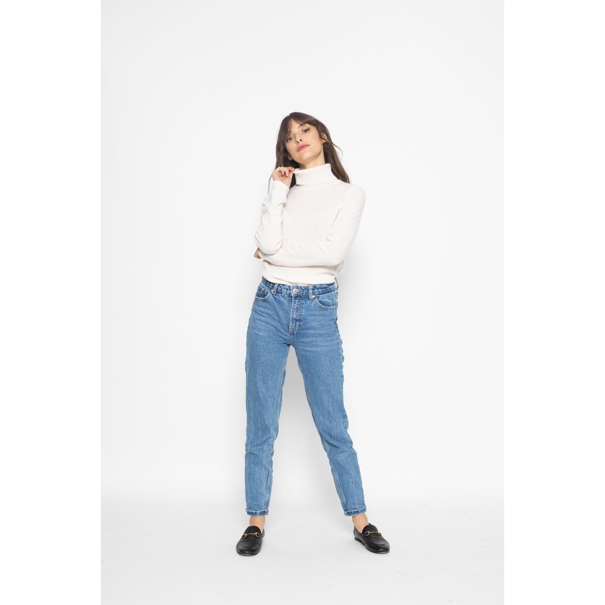 Ivory Bise Turtleneck Sweater, Jersey, 100% Cashmere, 2 Yarns - Women