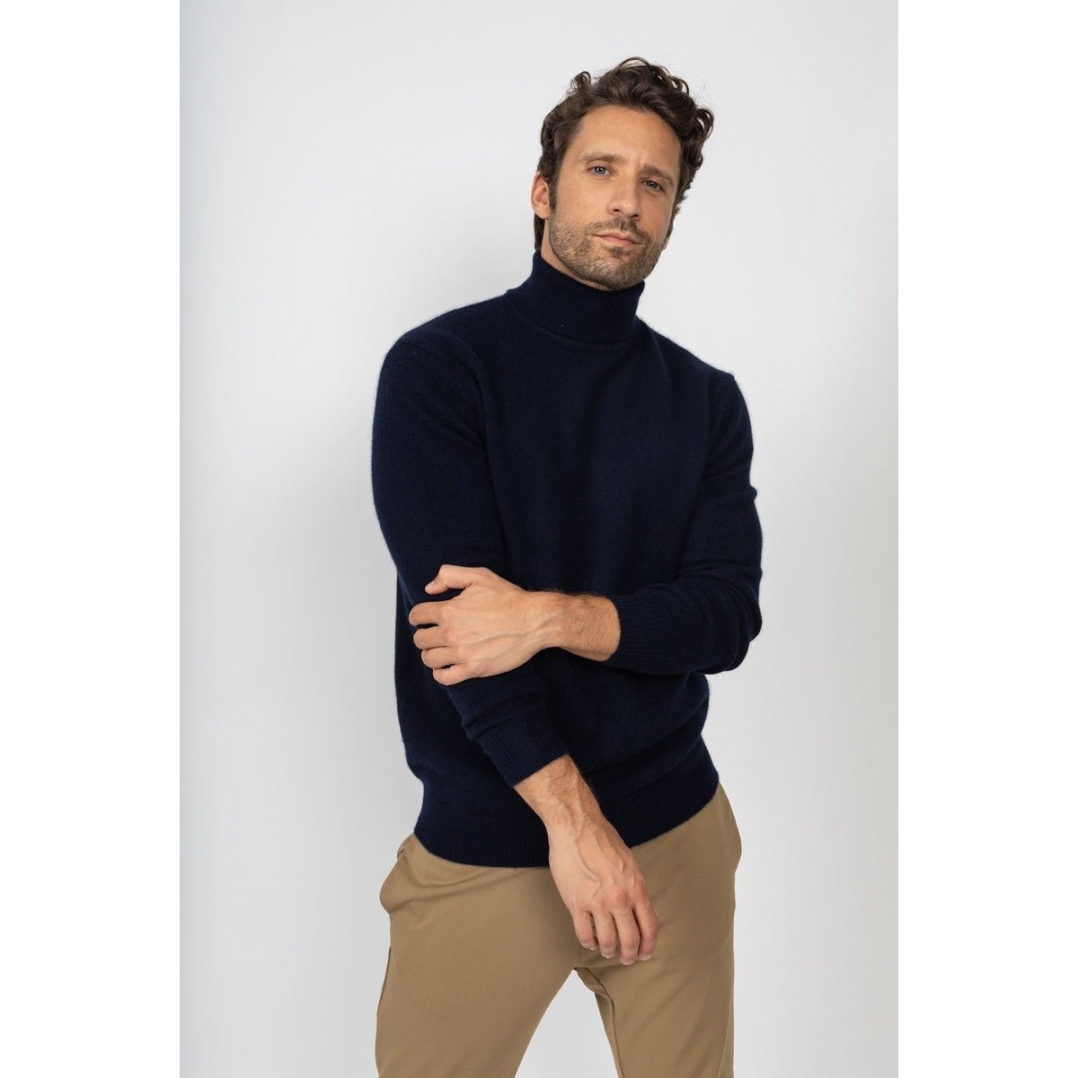Marius Navy Turtleneck Sweater, Jersey, 345 Gr, 100% Cashmere, 4 Yarns - Men