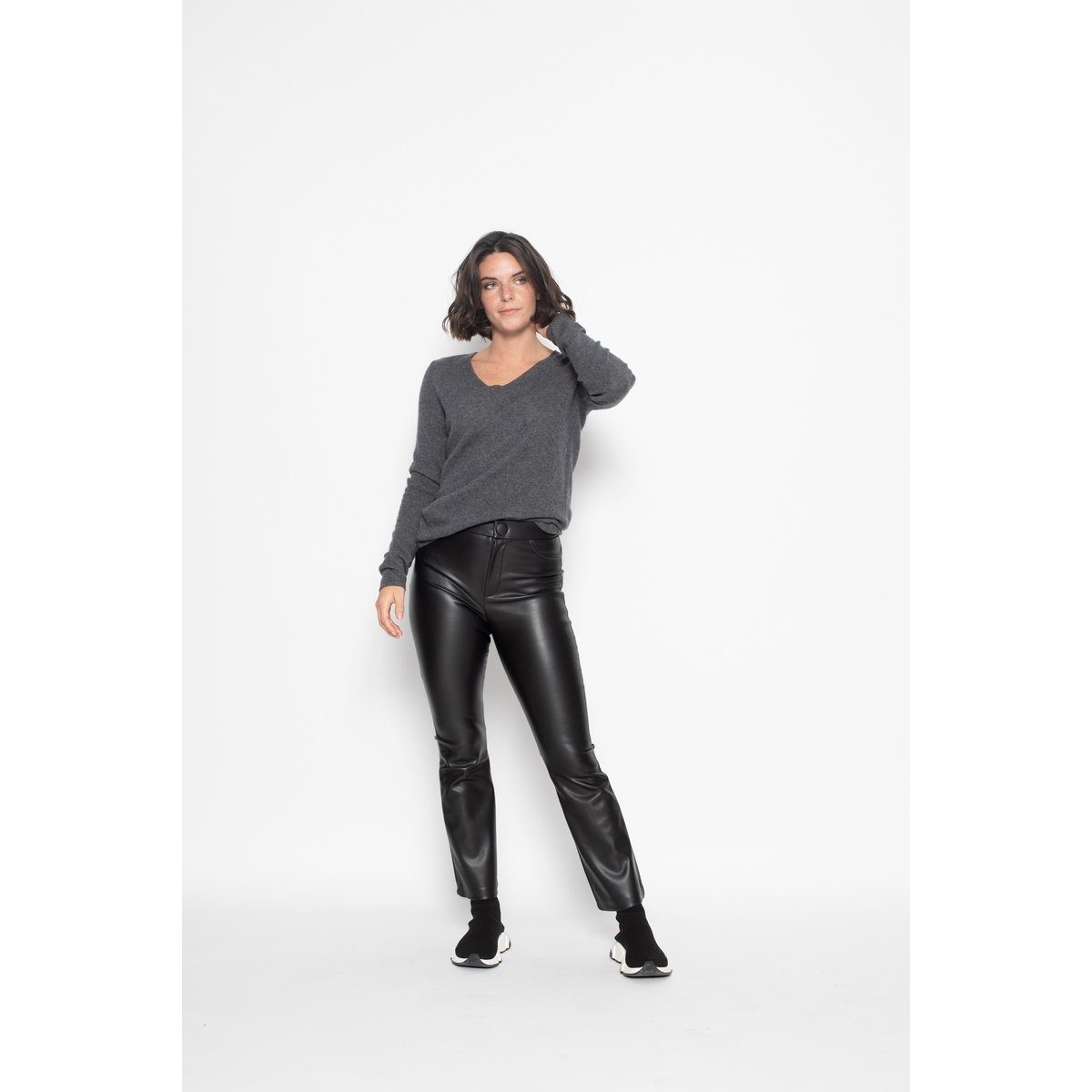 Pull Col V Galise Gris Sombre, Jersey, 100% Cachemire, 2 Fils - Femme