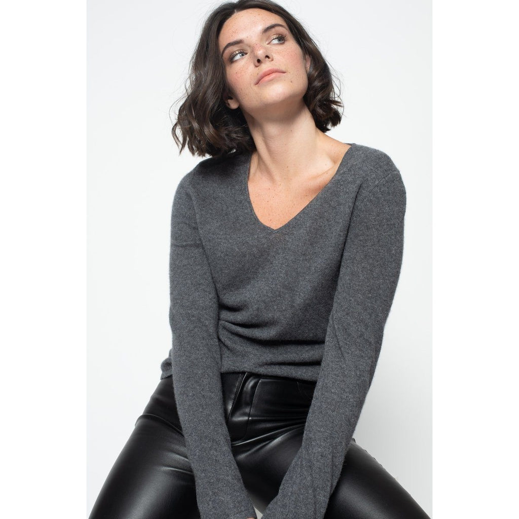 Pull Col V Galise Gris Sombre, Jersey, 100% Cachemire, 2 Fils - Femme