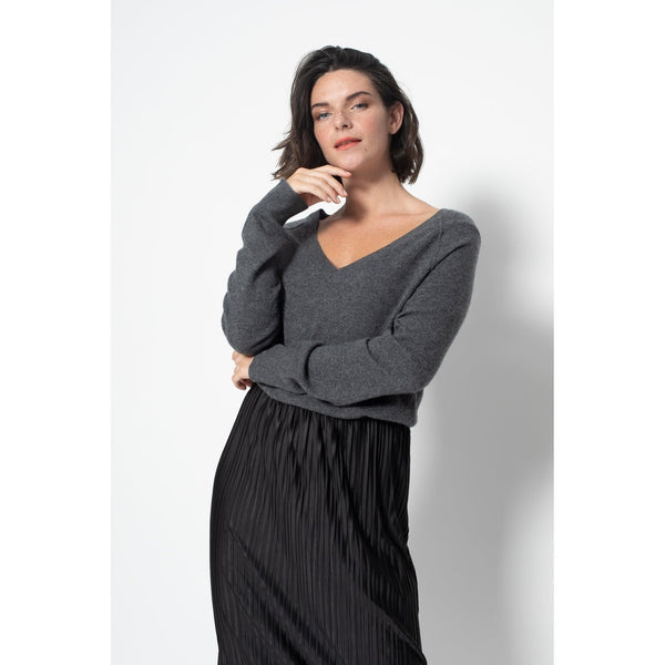 Pull Col V Loose Giusalet Gris Sombre, Jersey, 100% Cachemire, 2 Fils - Femme
