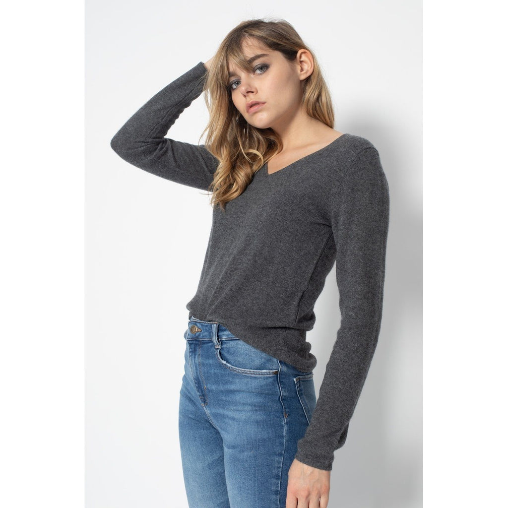Dark Gray Shannon V-Neck Sweater, 100% Cashmere, 2 Yarns, Jersey - Women
