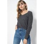 Dark Gray Shannon V-Neck Sweater, 100% Cashmere, 2 Yarns, Jersey - Women