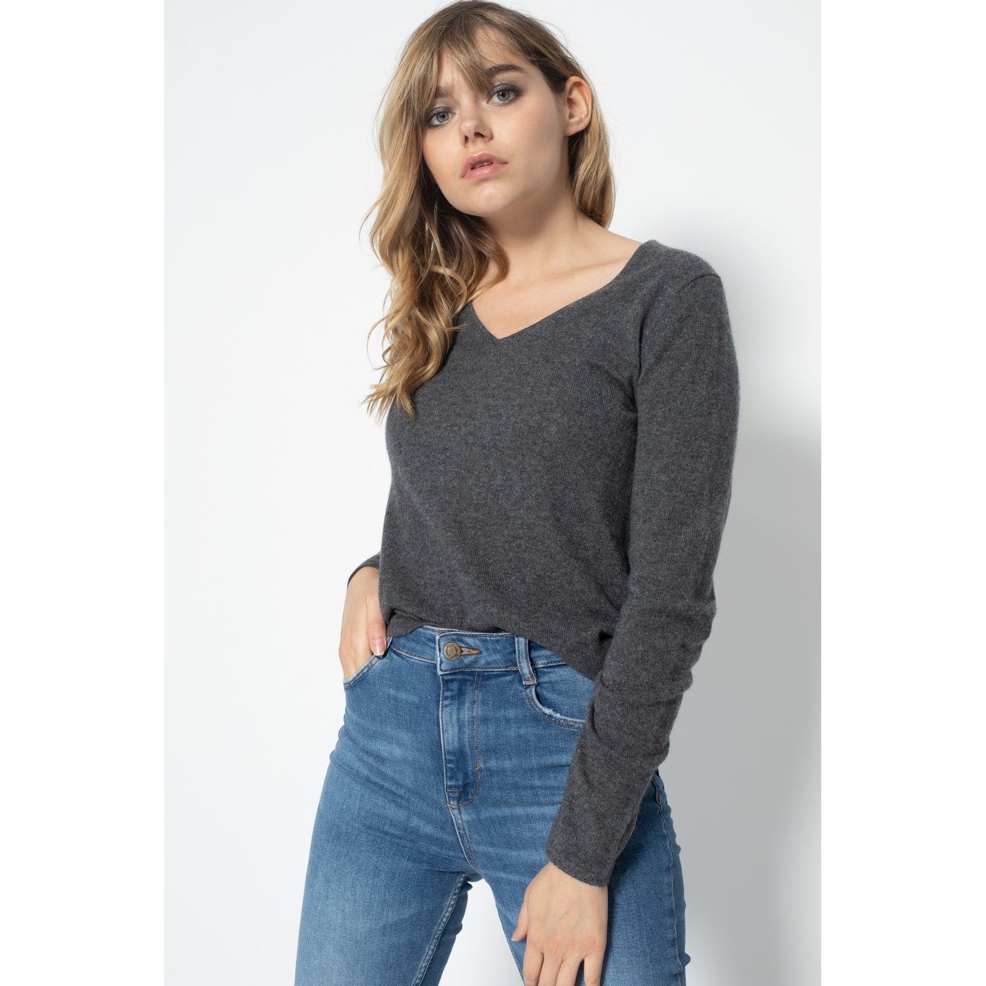 Dark Gray Shannon V-Neck Sweater, 100% Cashmere, 2 Yarns, Jersey - Women