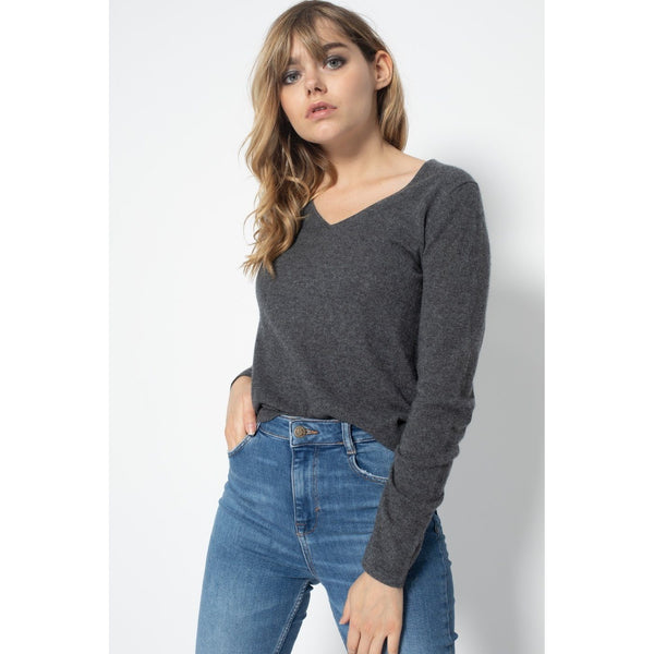Pull Col V Shannon Gris Sombre, 100% Cachemire, 2 Fils, Jersey - Femme