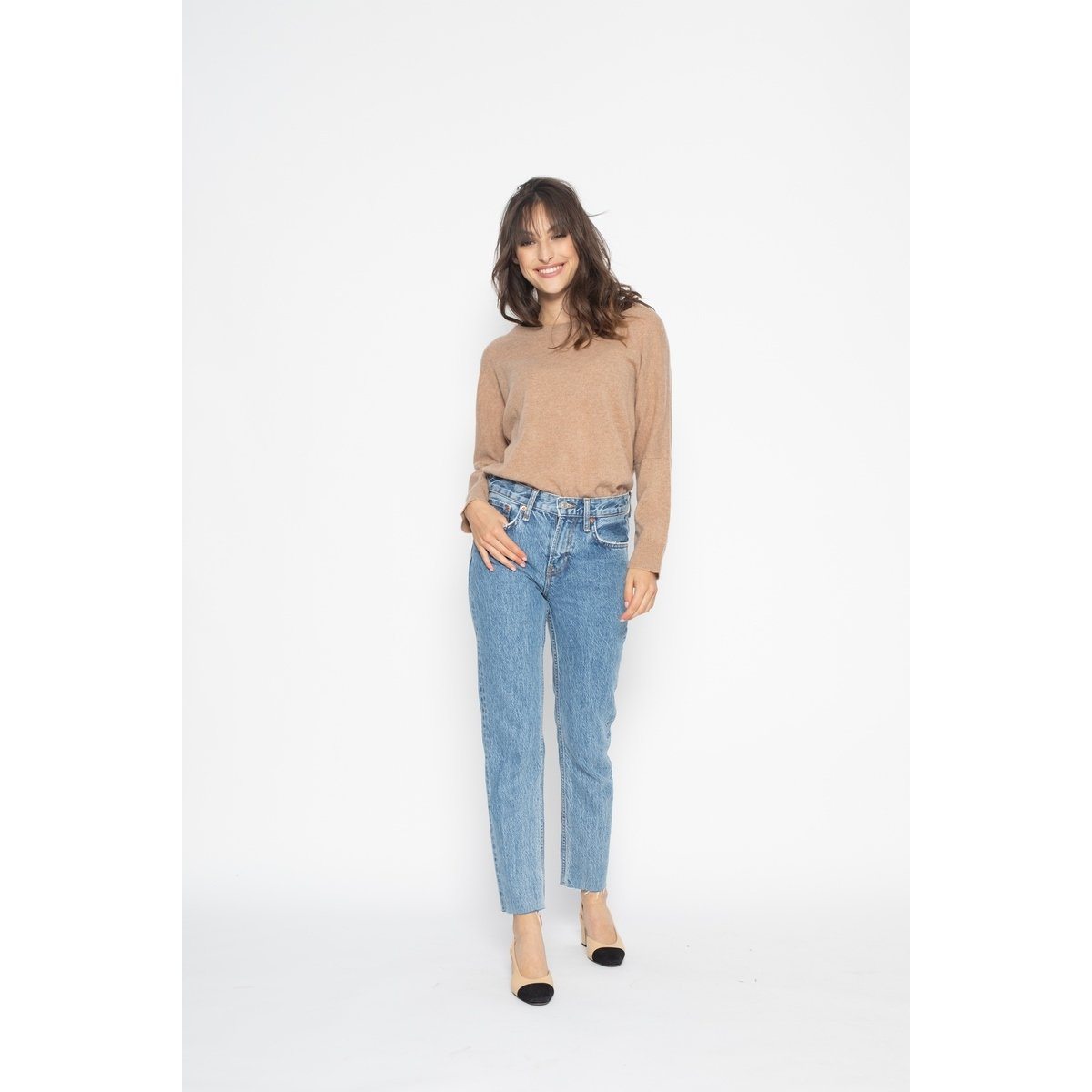 Pull Manches Chauve-Souris Goléon Camel, Jersey, 100% Cachemire, 2 Fils - Femme