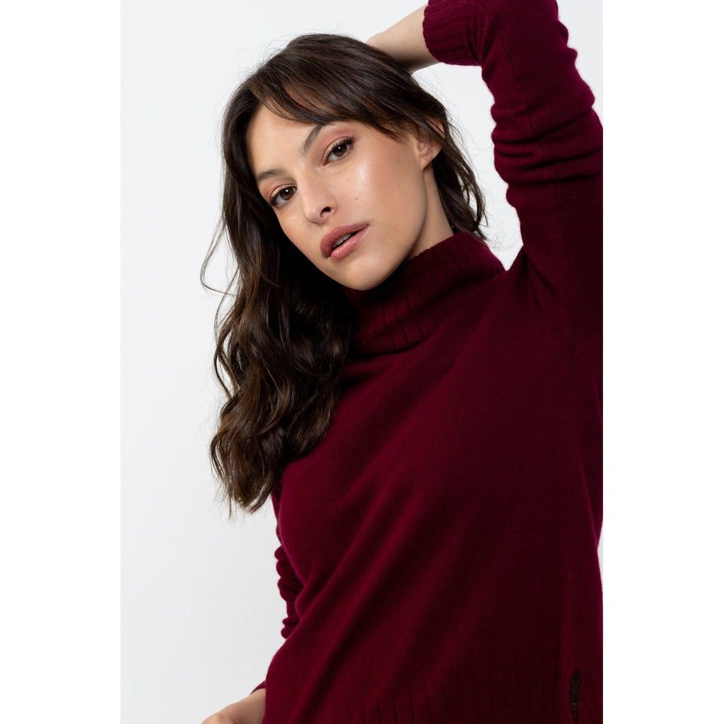 Jersey Asimétrico Cuello Alto Mangas Raglan Cassy Borgoña, Jersey, 100% Cachemira, 2 Hilos - Mujer