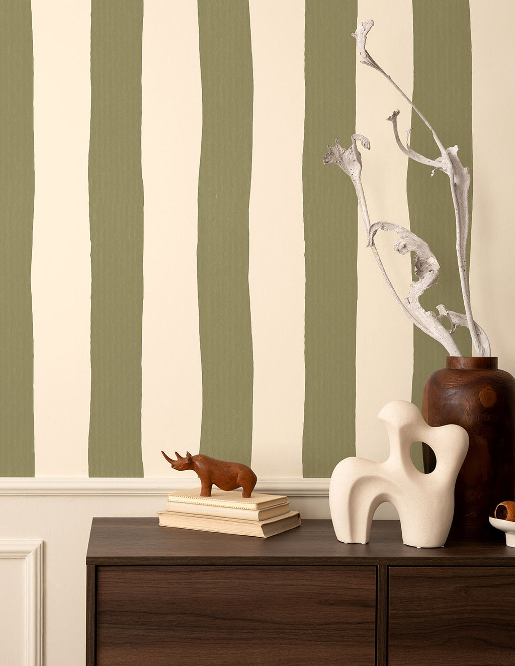 Rouleau Papier Peint Rayures - Olive Et Crème