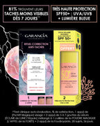 Coffret Garancia Rituel Correction Anti-Taches : crème Éclair de Lune La Foudroyante et Stick Solaire SPF 50+ offert. Affiche avec résultats cliniques : 81% de taches moins visibles dès 7 jours.