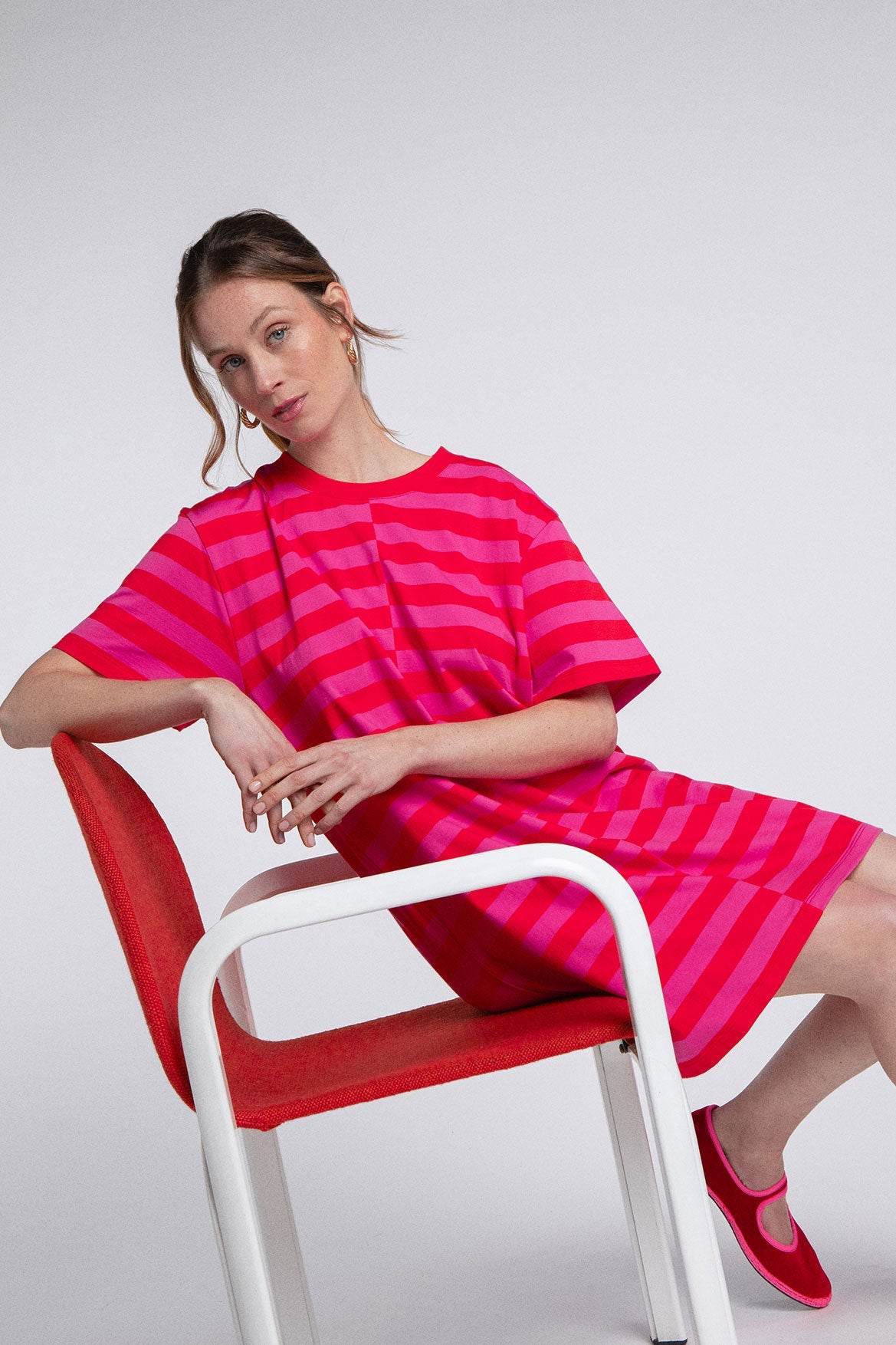 Vestido Amalia Rayas Rosa Y Rojo
