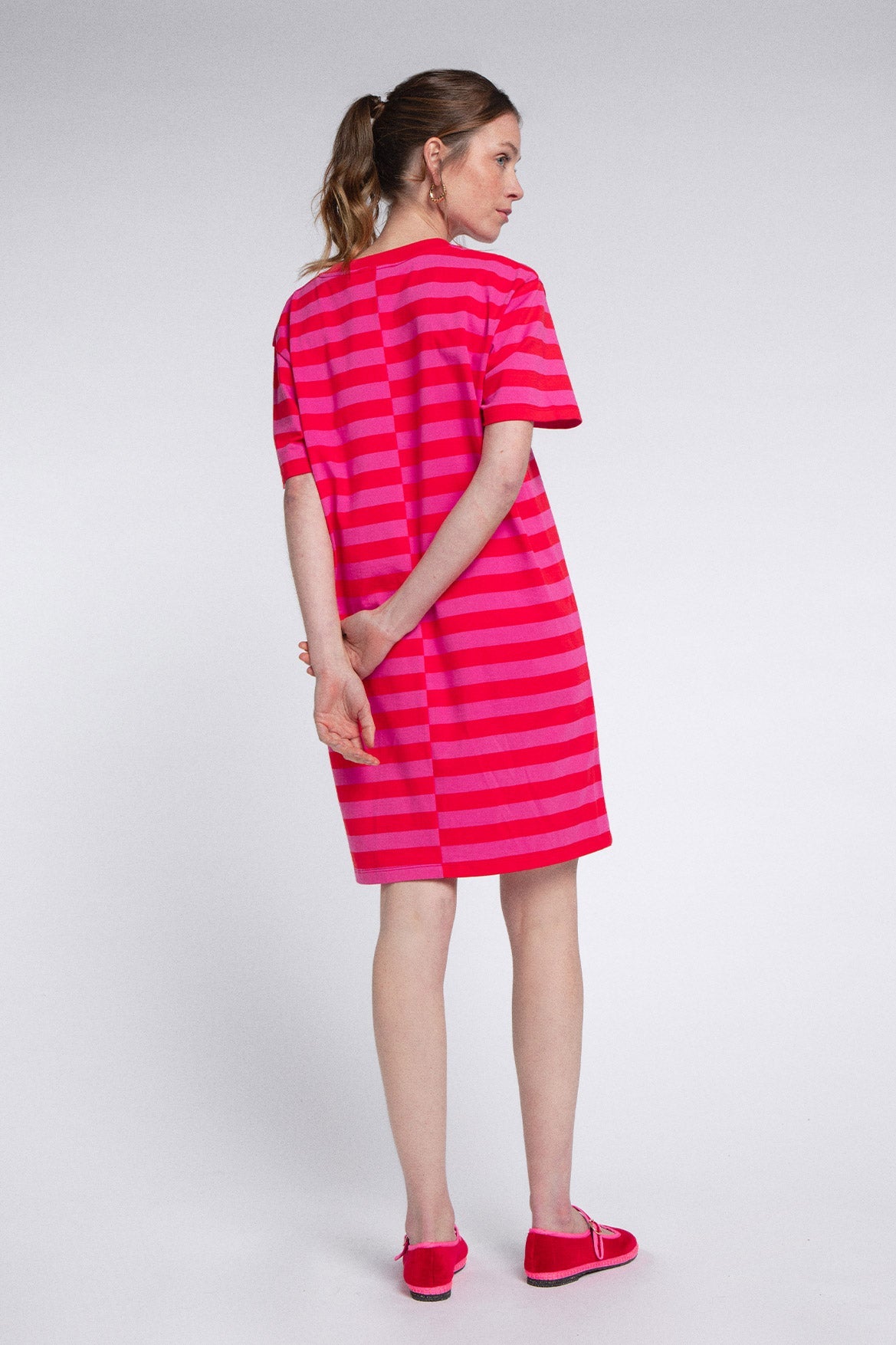 Vestido Amalia Rayas Rosa Y Rojo