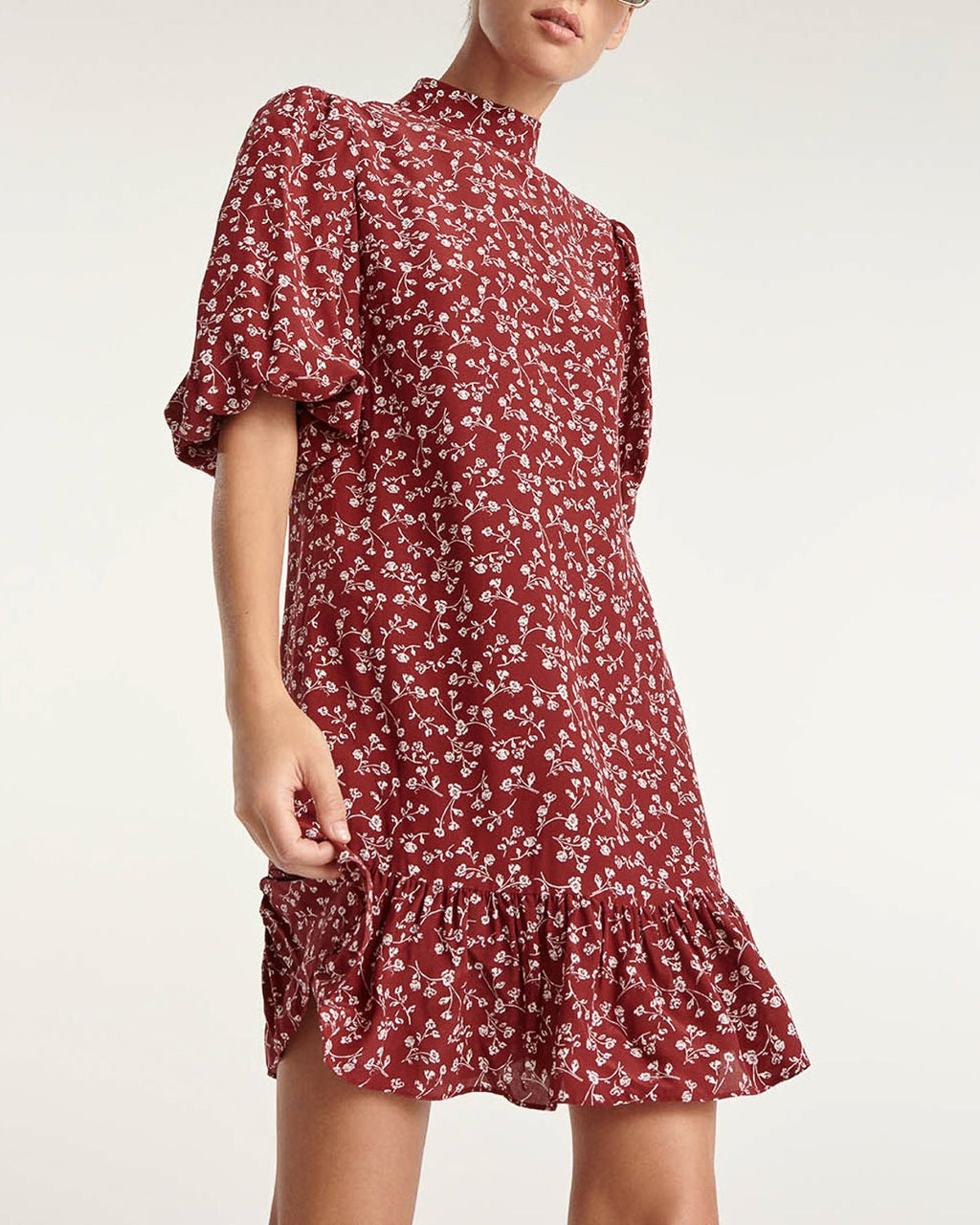 The Kooples - Burgundy Dress with Stand Collar, 3/4 Sleeve - Women