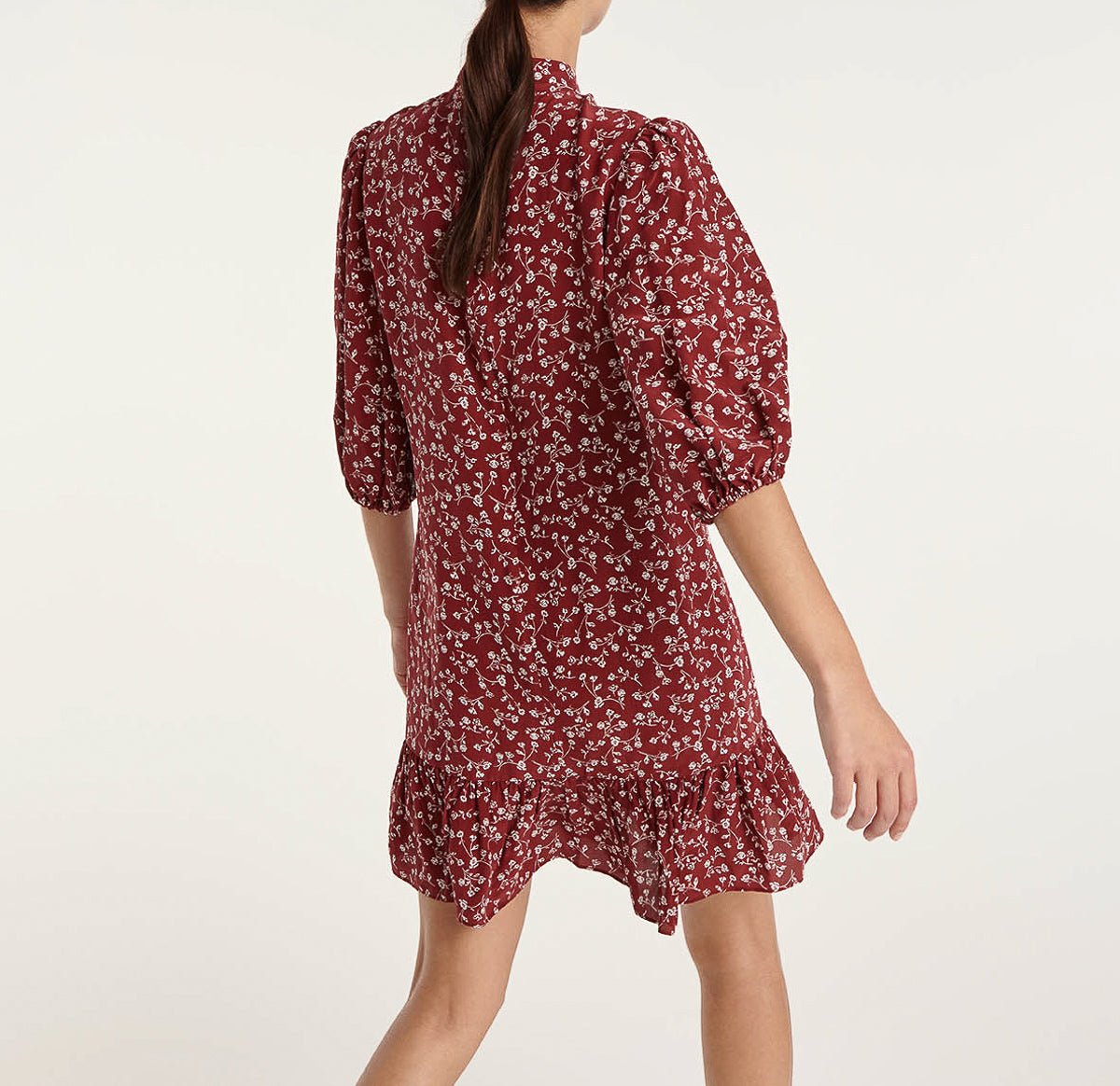 The Kooples - Burgundy Dress with Stand Collar, 3/4 Sleeve - Women