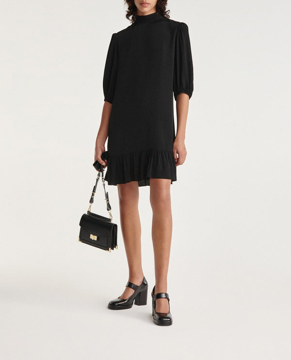 The Kooples - Vestido Corto Negro Con Volantes, Cuello Alto - Mujer