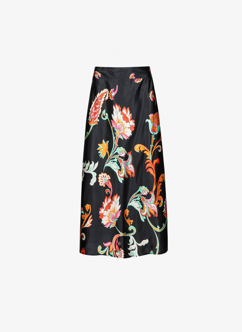 An'ge – Jupe Midi Robilou Indina Noir, long black skirt with colourful floral patterns, front view