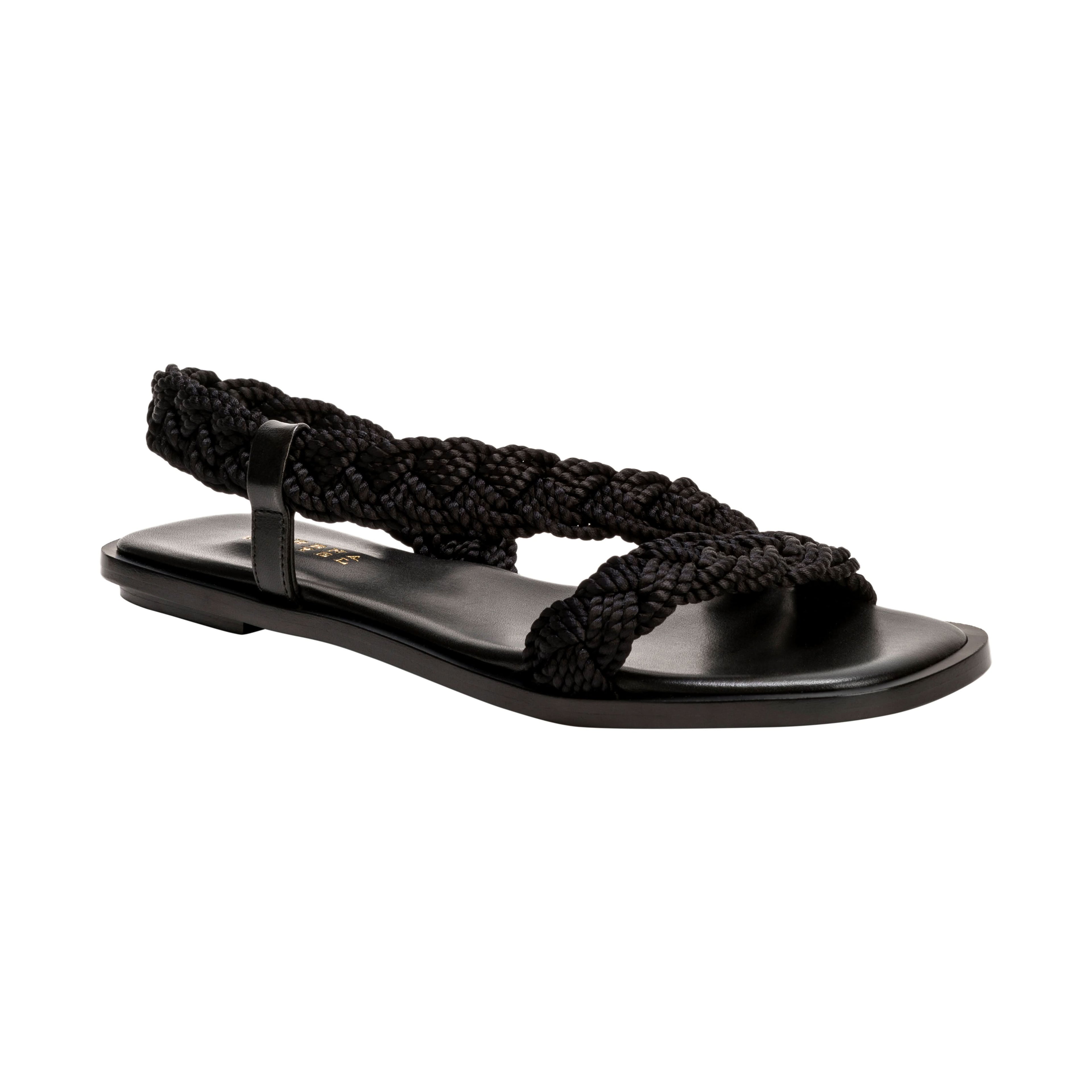 Ronda Black Flat Asymmetric Sandal with braided straps and sleek leather sole for a chic summer look.