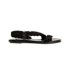 Ronda Black Flat Asymmetric Sandal with braided straps and sleek leather sole, perfect for summer outfits.