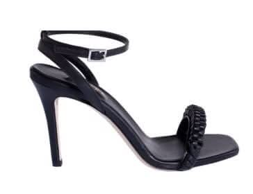Rovena black high-heel removable ankle sandal in leather, featuring a stylish design with buckle closure and a chic ruffled strap.