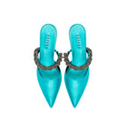 Roxana Aqua Mules Pump featuring a vibrant turquoise design and stylish braided strap detail.
