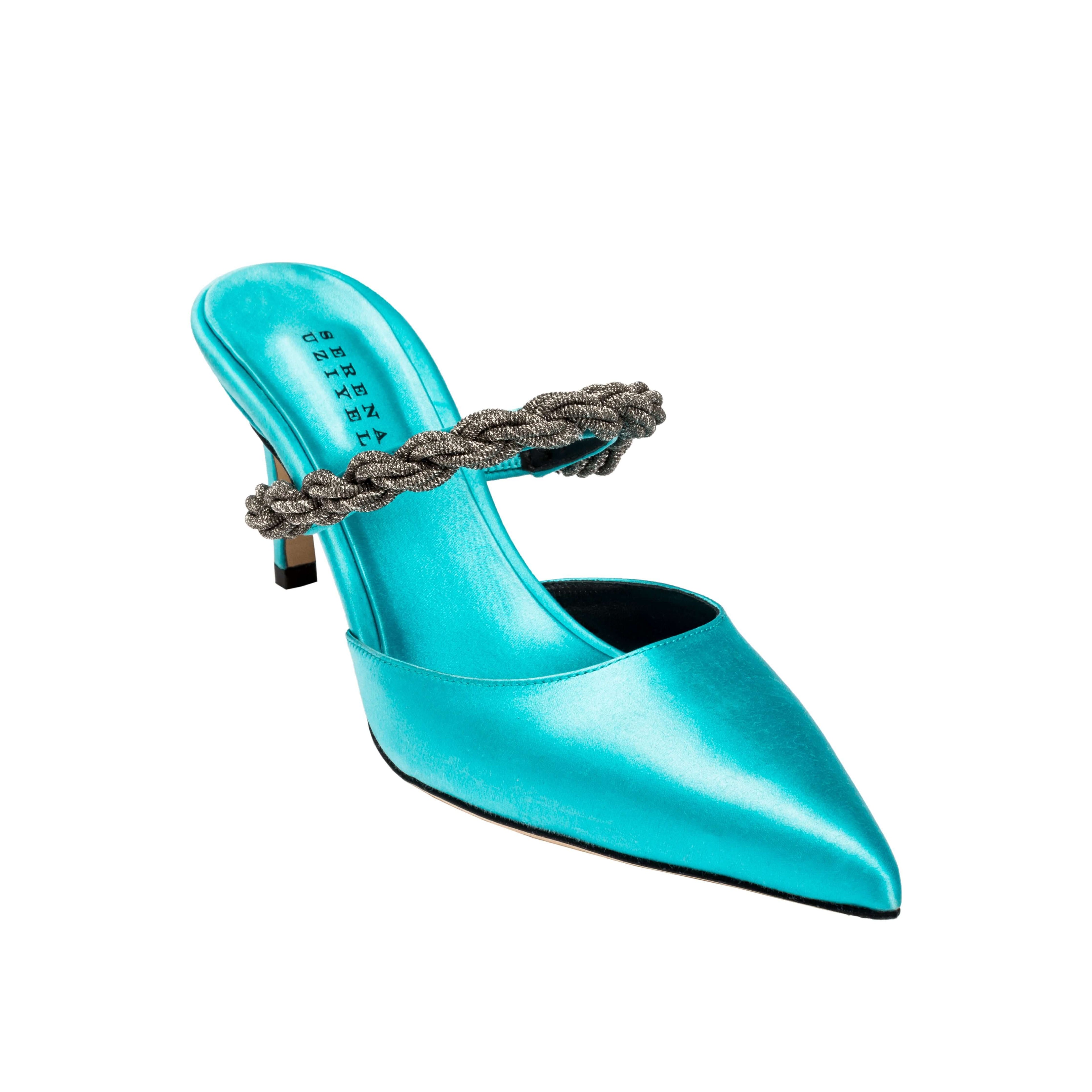 Roxana Aqua Mules Pump in vibrant turquoise with a stylish braided strap and elegant stiletto heel.