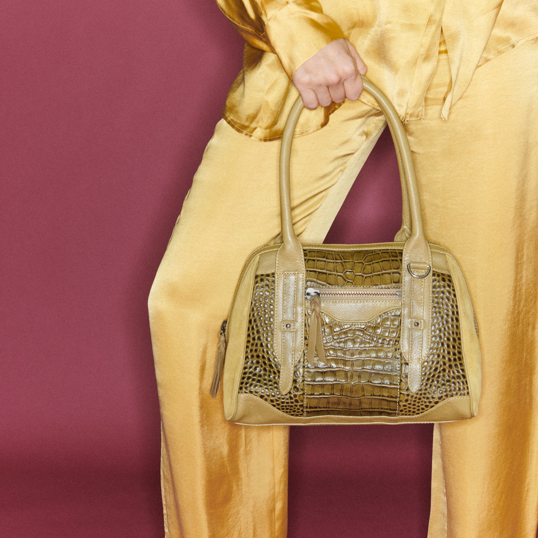 Bolso Bowling De Piel Grabado Cocodrilo June S Caqui