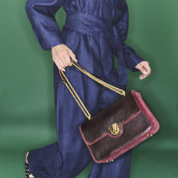 Bolso De Piel Ava Grande Bordado Marrón