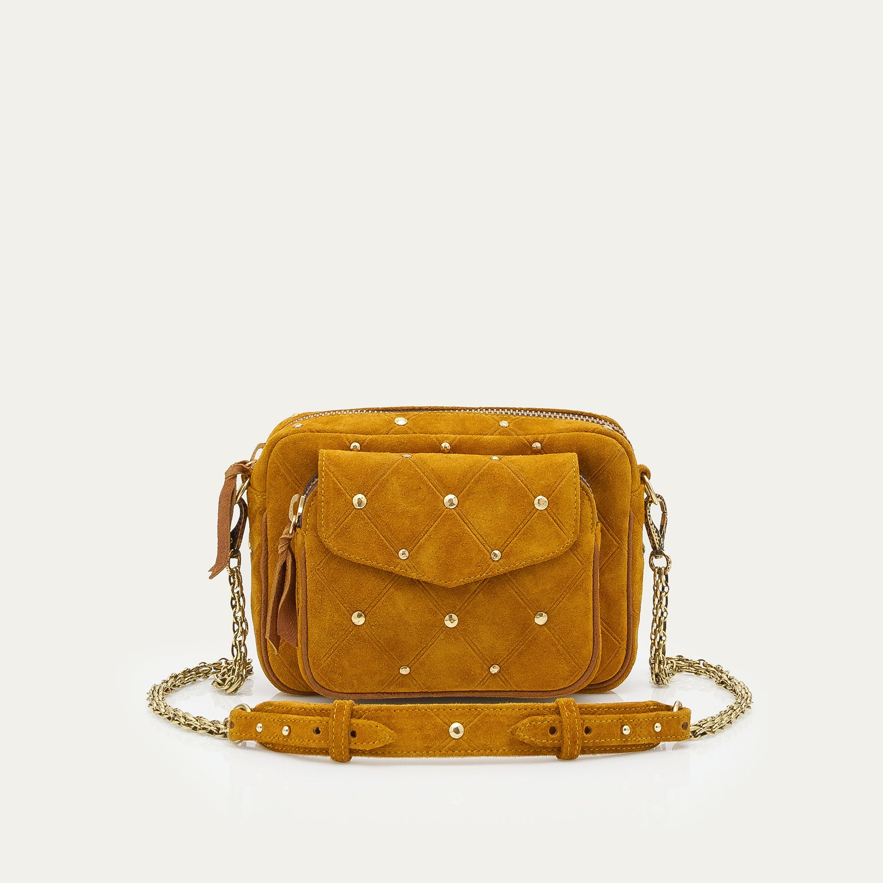 Bolso Charly De Piel De Ante Ámbar Con Tachuelas