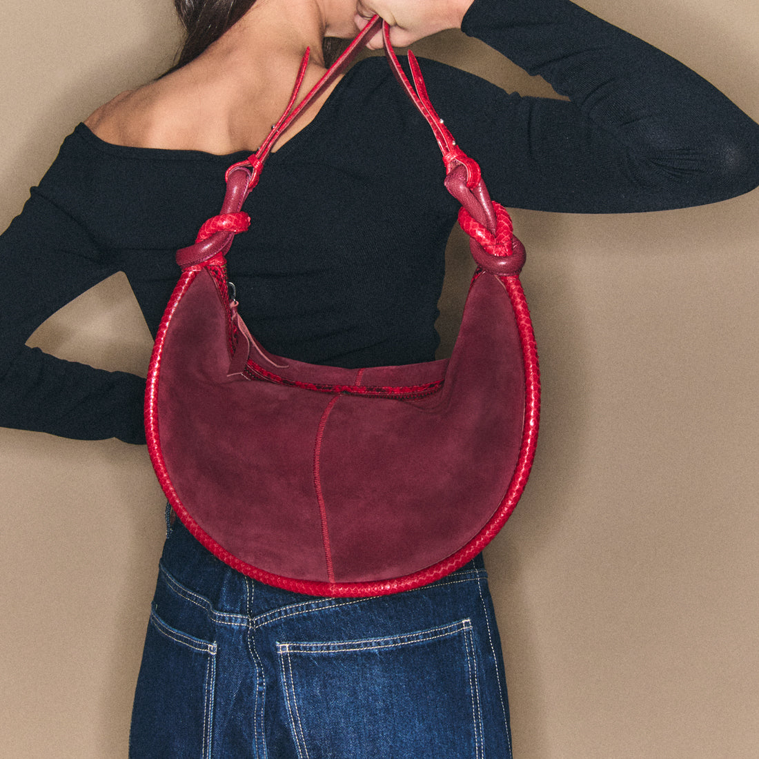 Burgundy And Ruby Chris Velvet And Python Calfskin Bag