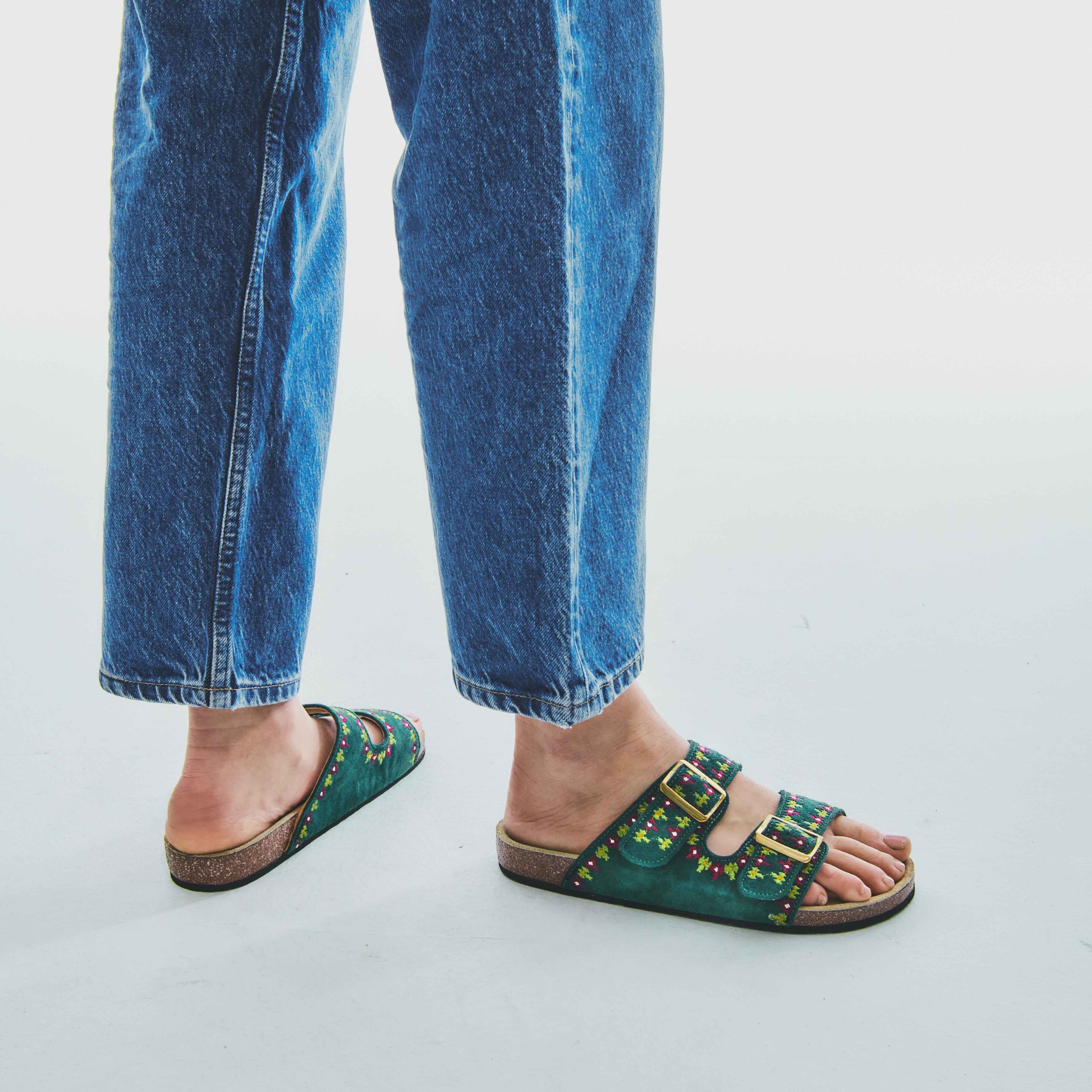 Sandalias Odette De Piel Gamuza Azul Pato