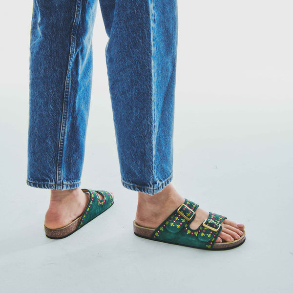 Sandalias Odette De Piel Gamuza Azul Pato