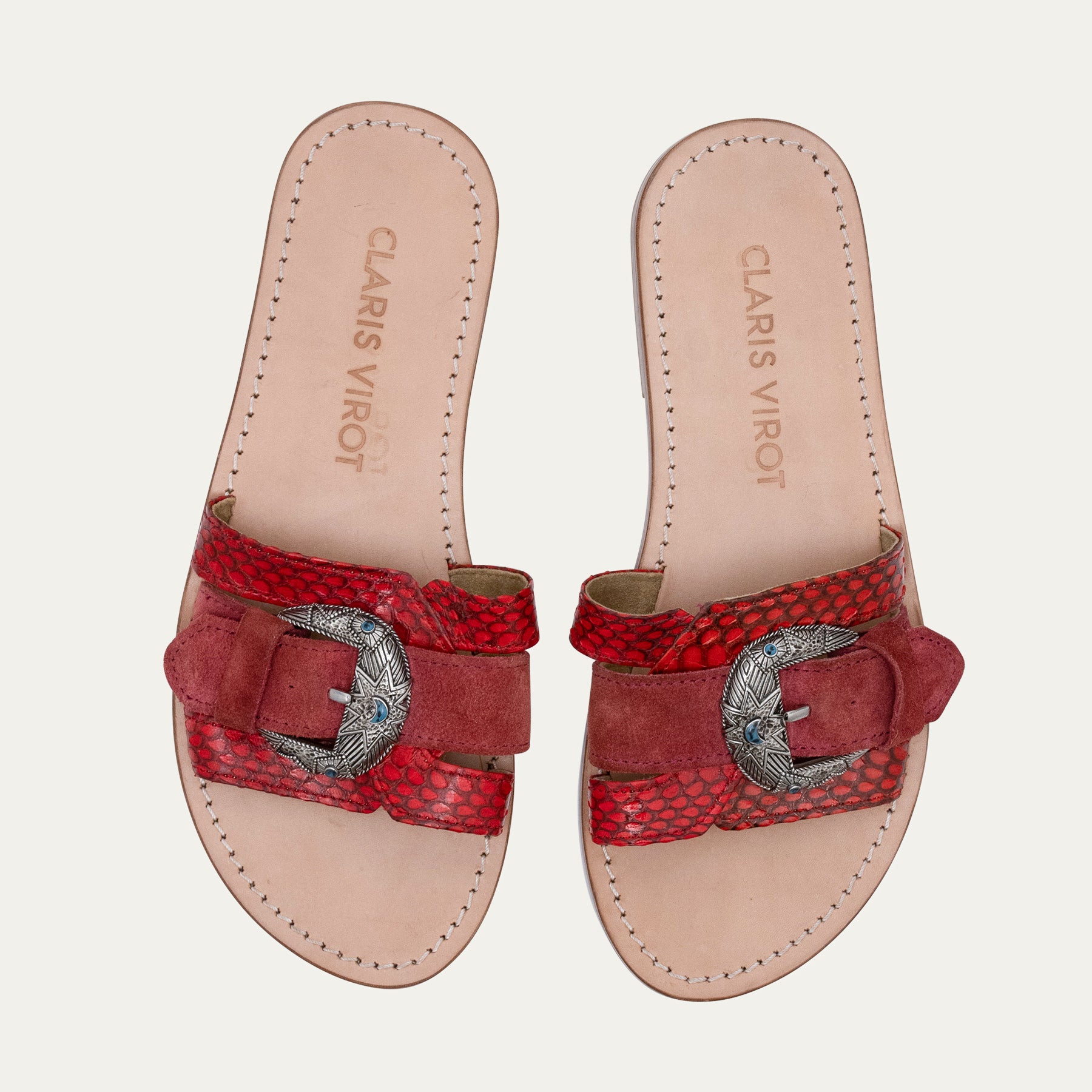 Suede Calfskin and Cobra Sandals Violet Red Burgundy
