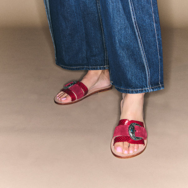 Sandalias Ante Piel De Becerro Y Cobra Violeta Rojo Burdeos