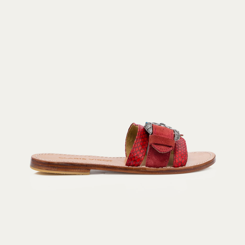 Suede Calfskin and Cobra Sandals Violet Red Burgundy