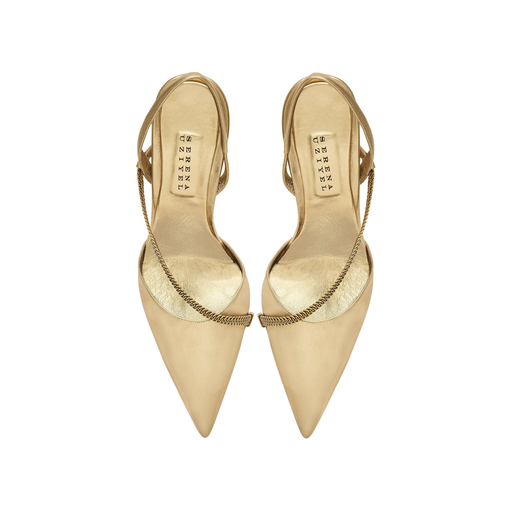 Sienna Gold High-Heel Slingback Pump with chainlink embellishment, perfect for evening wear and elegant occasions.