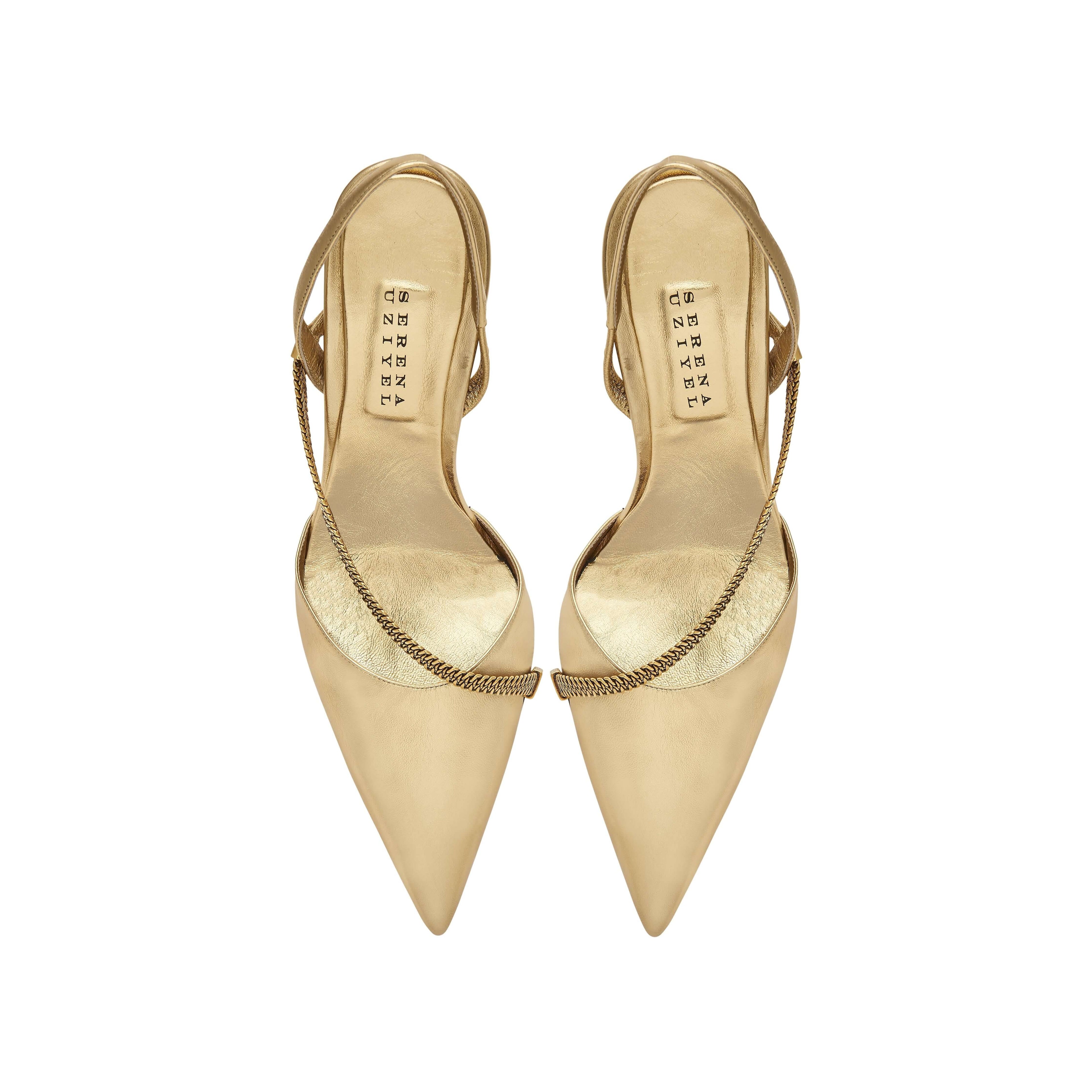 Sienna Gold High-Heel Slingback Pump with chainlink embellishment, perfect for evening wear and elegant occasions.